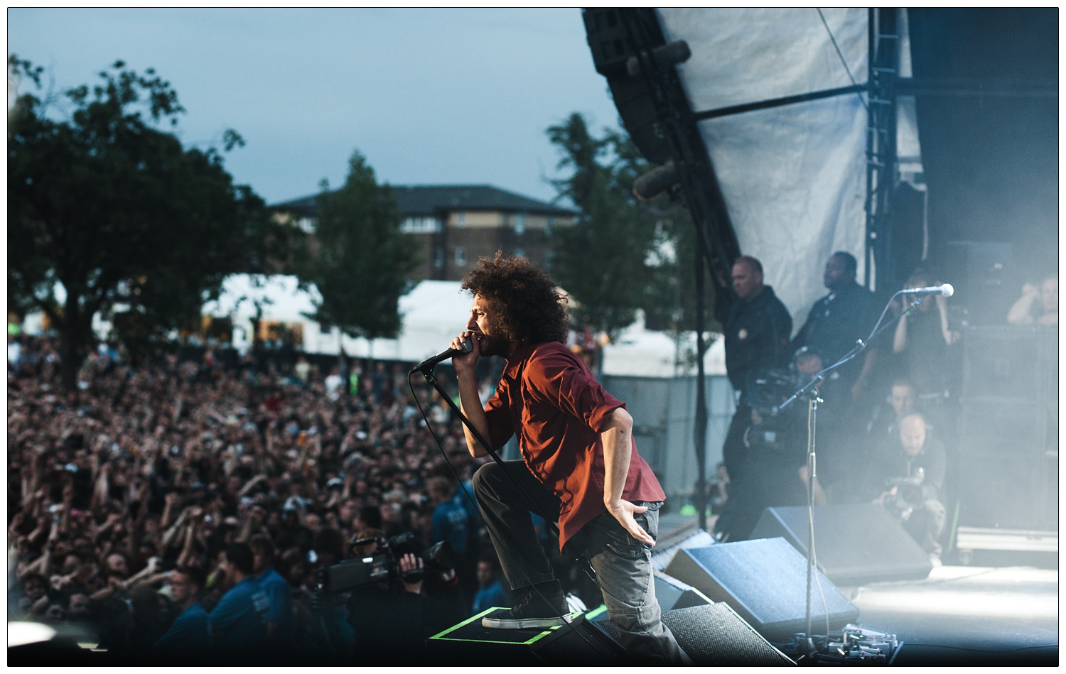 Zack de la Rocha performing to the crowd at the Finsbury Park Christmas number one Killing in the Name Rage Against the Machine gig.