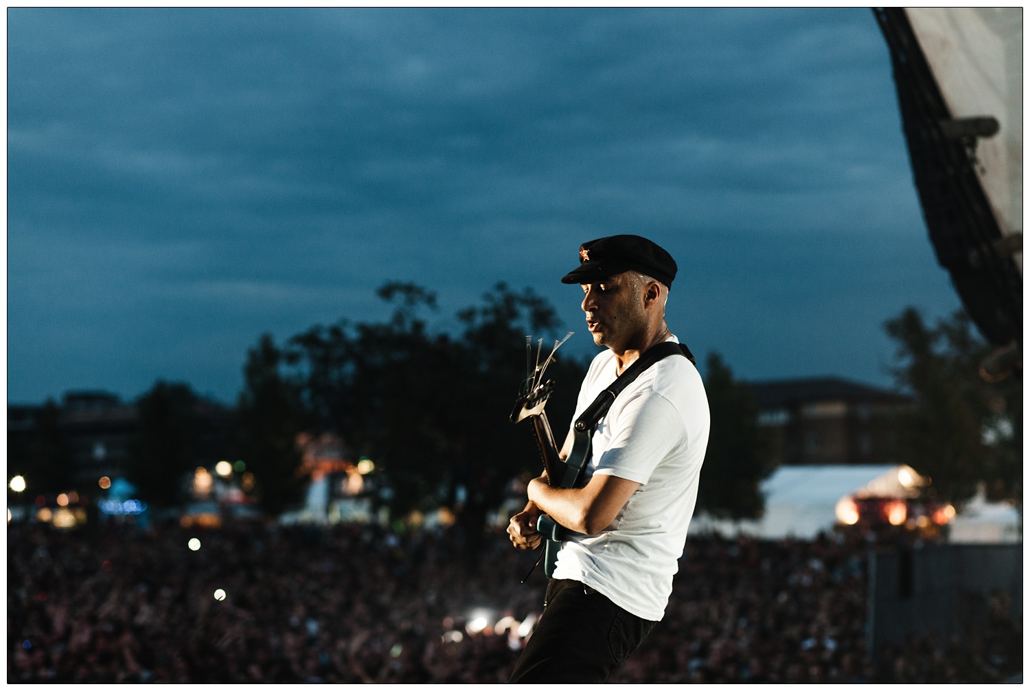 A view of the sky and the crowd, as Tom Morello plays at the Rage Against The Machine gig in Finsbury Park