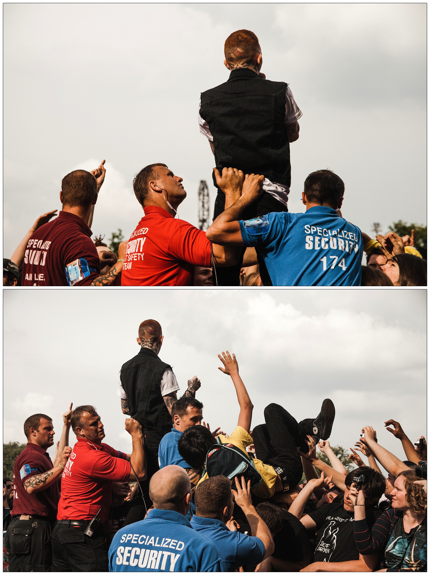 Security holding on to Frank Carter who joins the crowd at Rage Against the Machine gig in London 2010