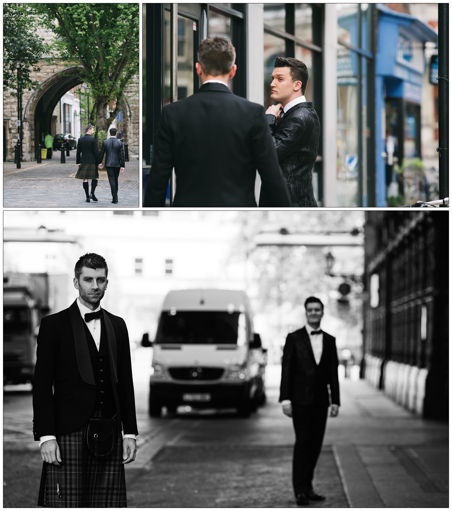 A portrait of two men on the way to their civil partnership ceremony at the Haberdashers' Hall in Smithfield. The man in the foreground is wearing kilt at bow tie. the ban behind is in black tie. There is a white van in the road.