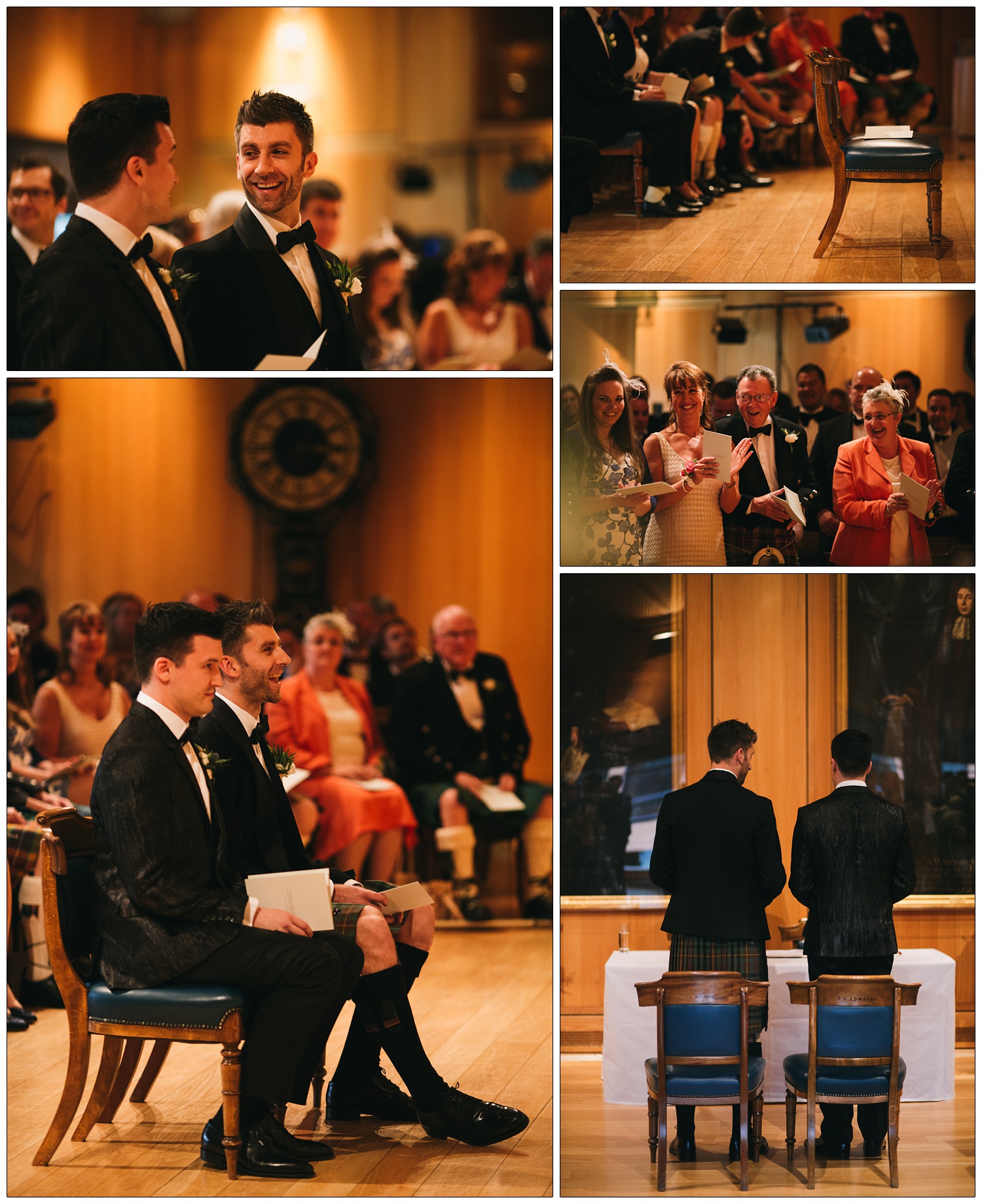 Two men at the Haberdashers' Hall for their civil partnership ceremony. They are dressed in black tie, one man is wearing a kilt. The guests are clapping.