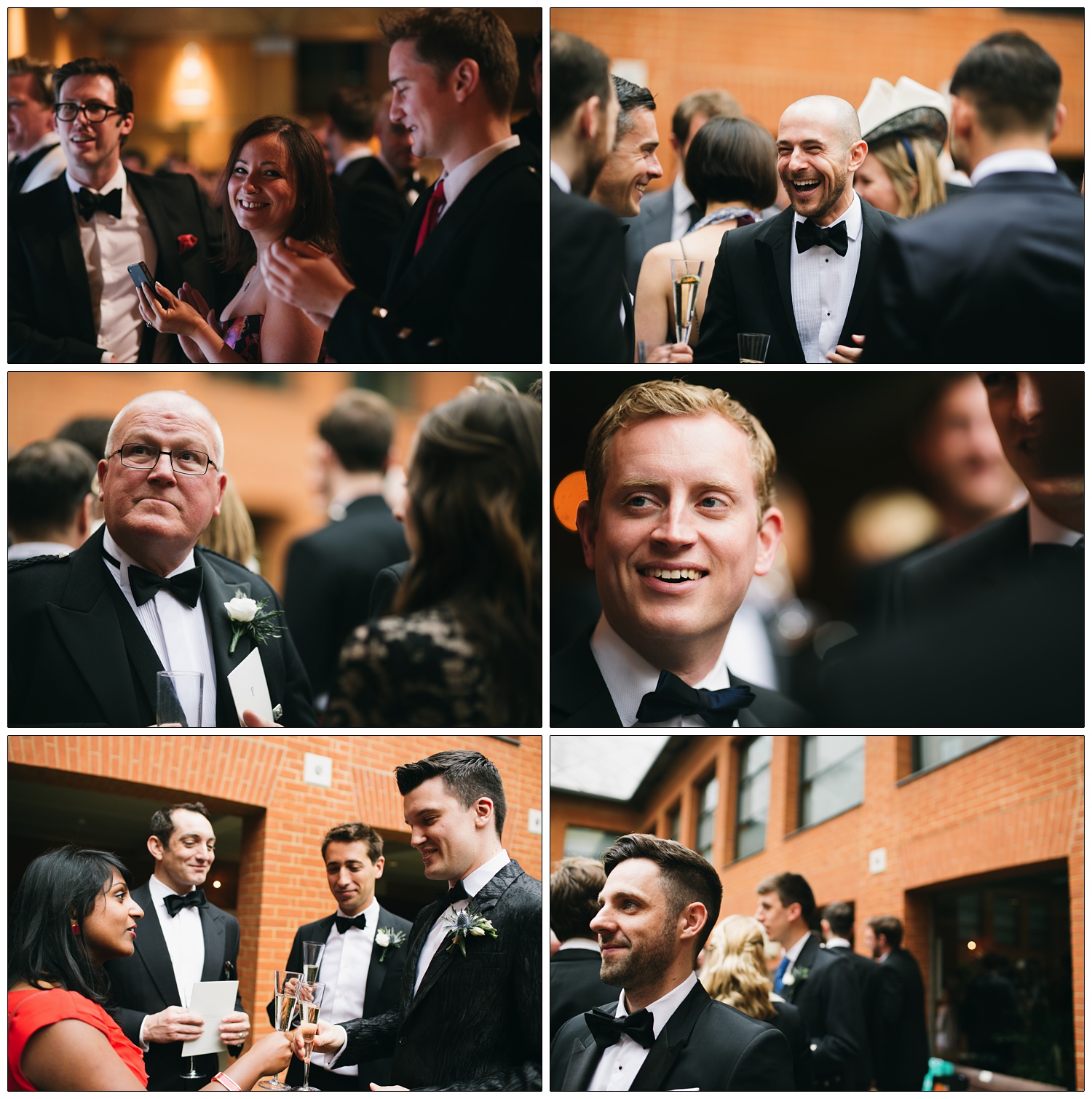 In the courtyard of the Haberdashers' Hall in Smithfield a group of people dressed up in black tie are drinking and chatting.