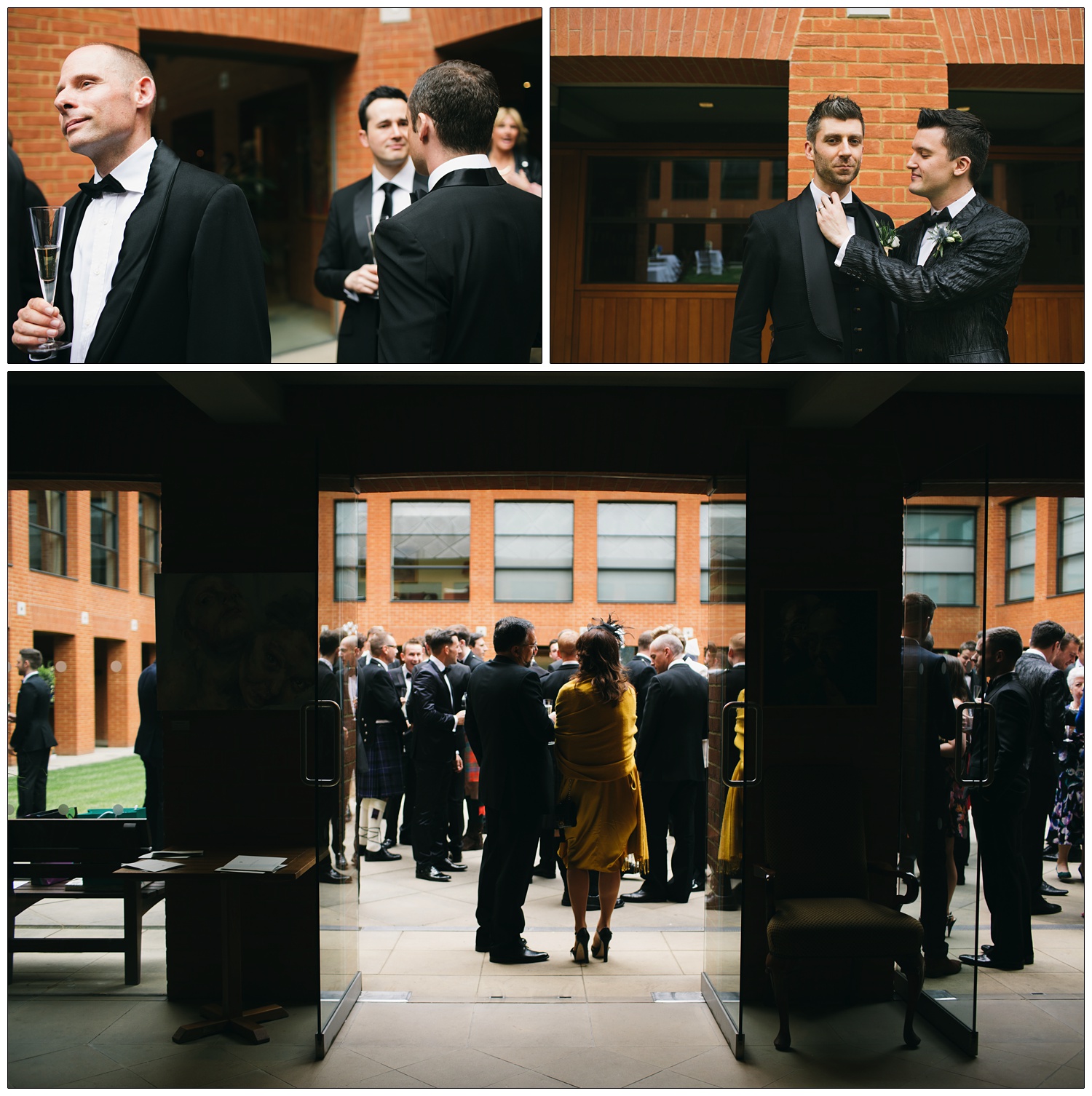 A groom adjusts his husband's bow tie.