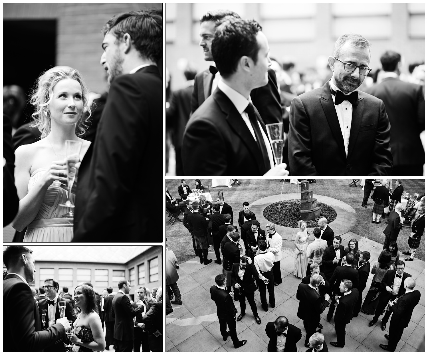 Black and white photographs of drinks before dinner. A man looks at the camera, he is wearing glasses and a bow tie.