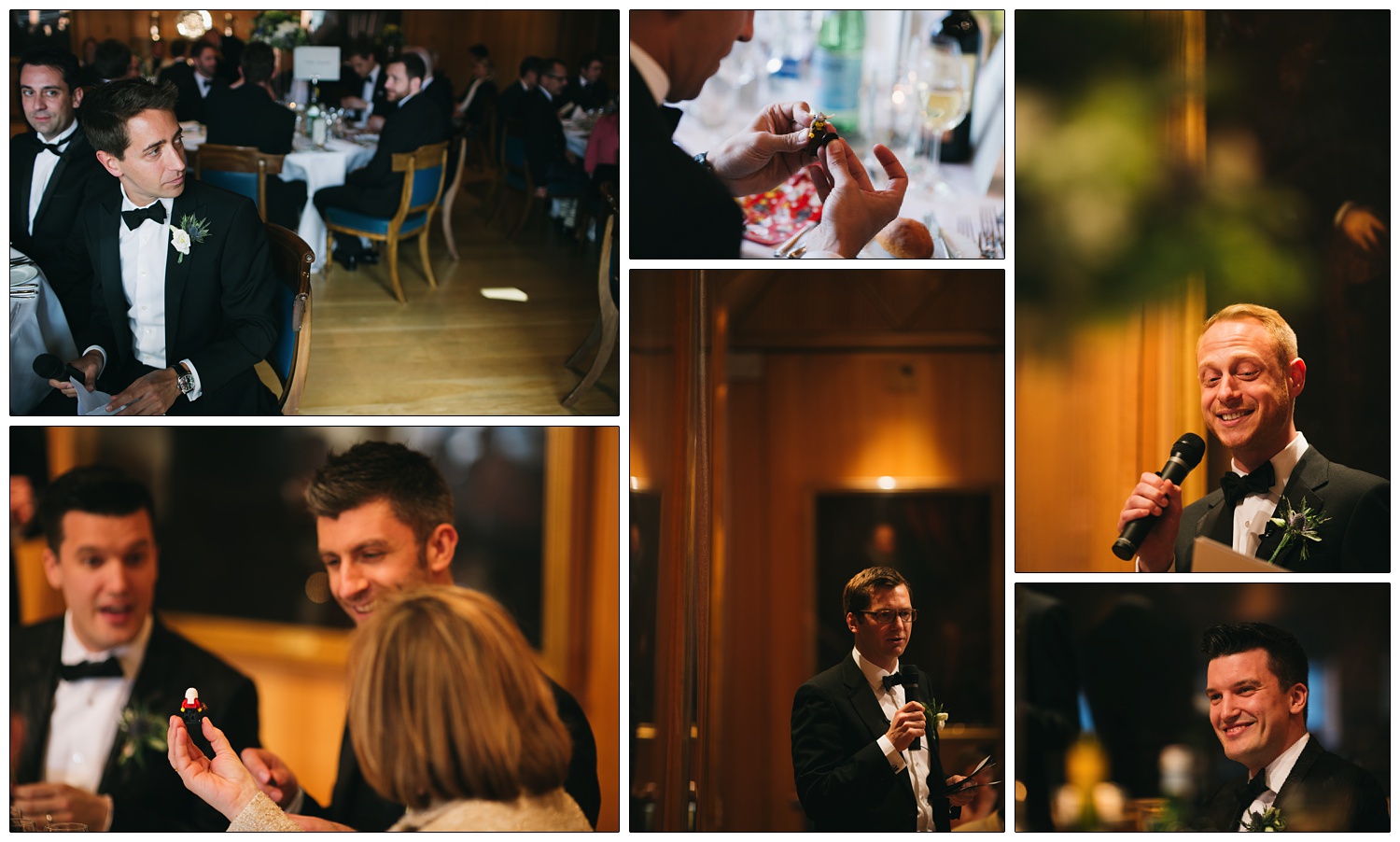 Moments from the speeches. The men are all in black tie.