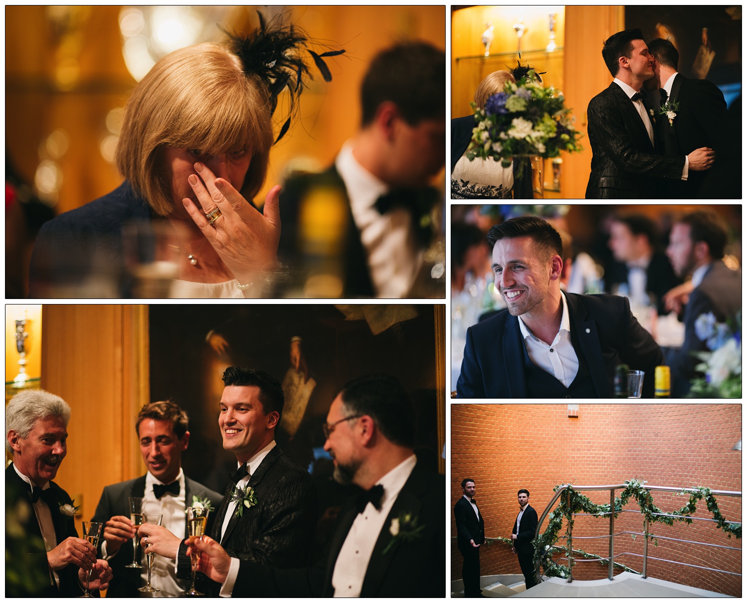 A groom raises a toast during speeches with friends.