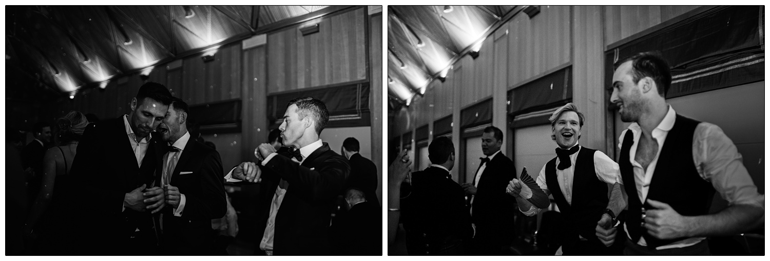Candid pictures of dancing at a wedding reception.