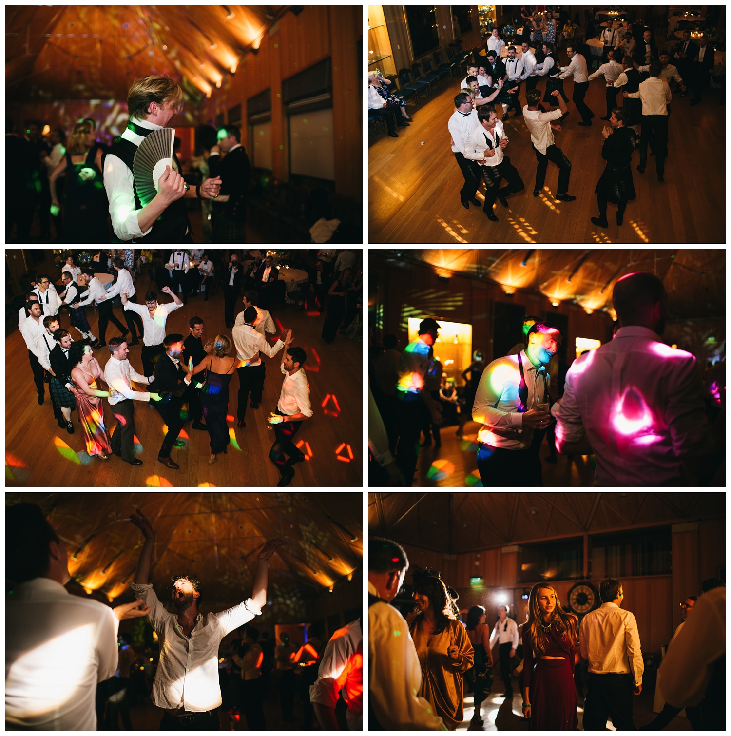 A conga line seen from above at a wedding reception. There are coloured lights. A man has a fan.