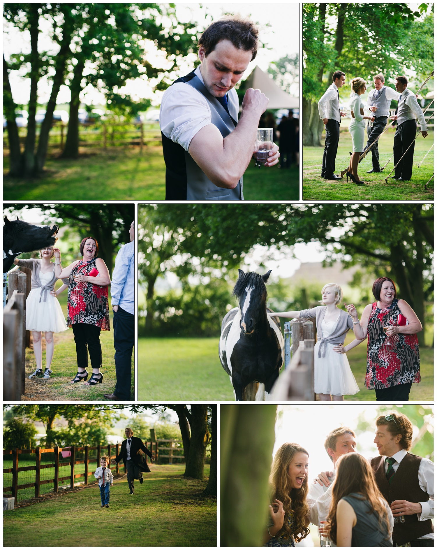 A man is showing off his bicep. Some wedding guests are petting the horse in the next field.