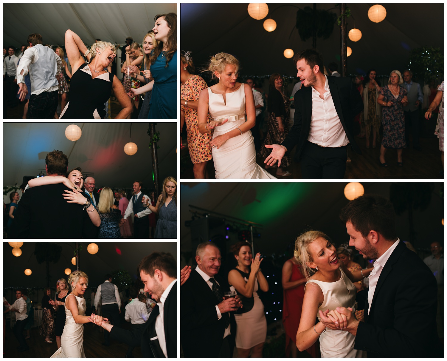 Bride is dancing with a friend in her reception marquee. There are round paper lanterns on the ceiling.
