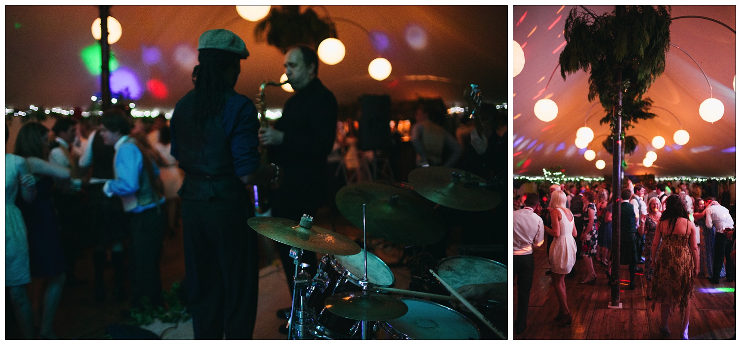 A band playing in a marquee at a wedding.