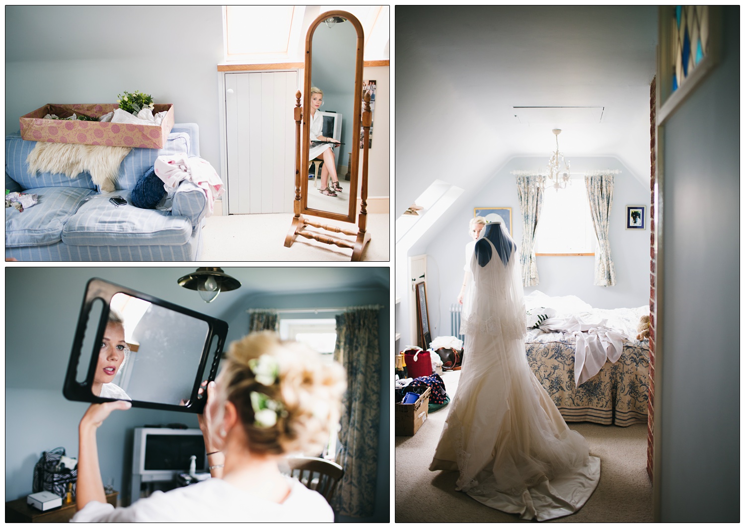 Bride looking at her makeup in the mirror. Her wedding dress is on a mannequin in a bedroom.