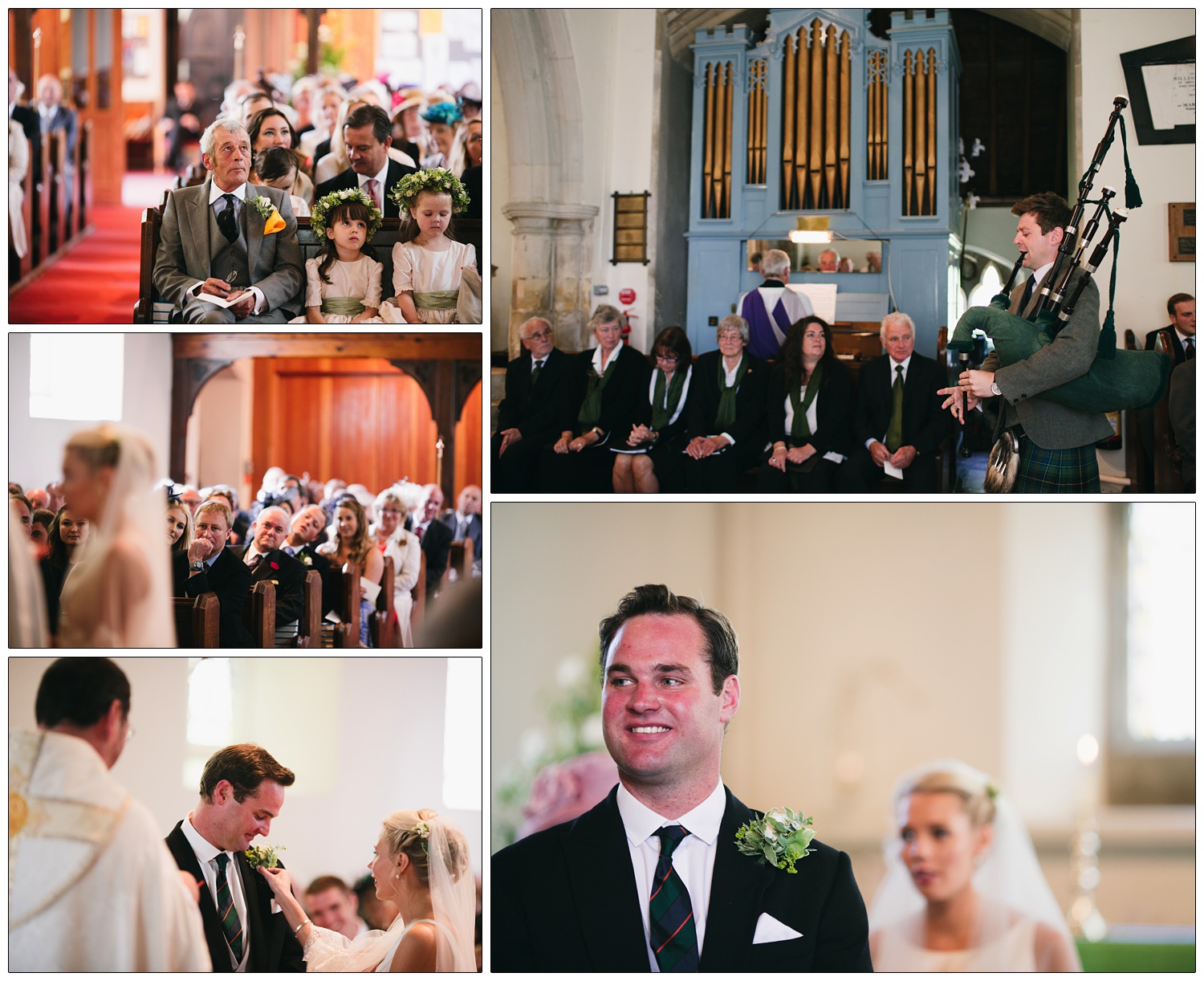 A man playing the bagpipes in the church at a wedding in Bradwell-on-Sea.