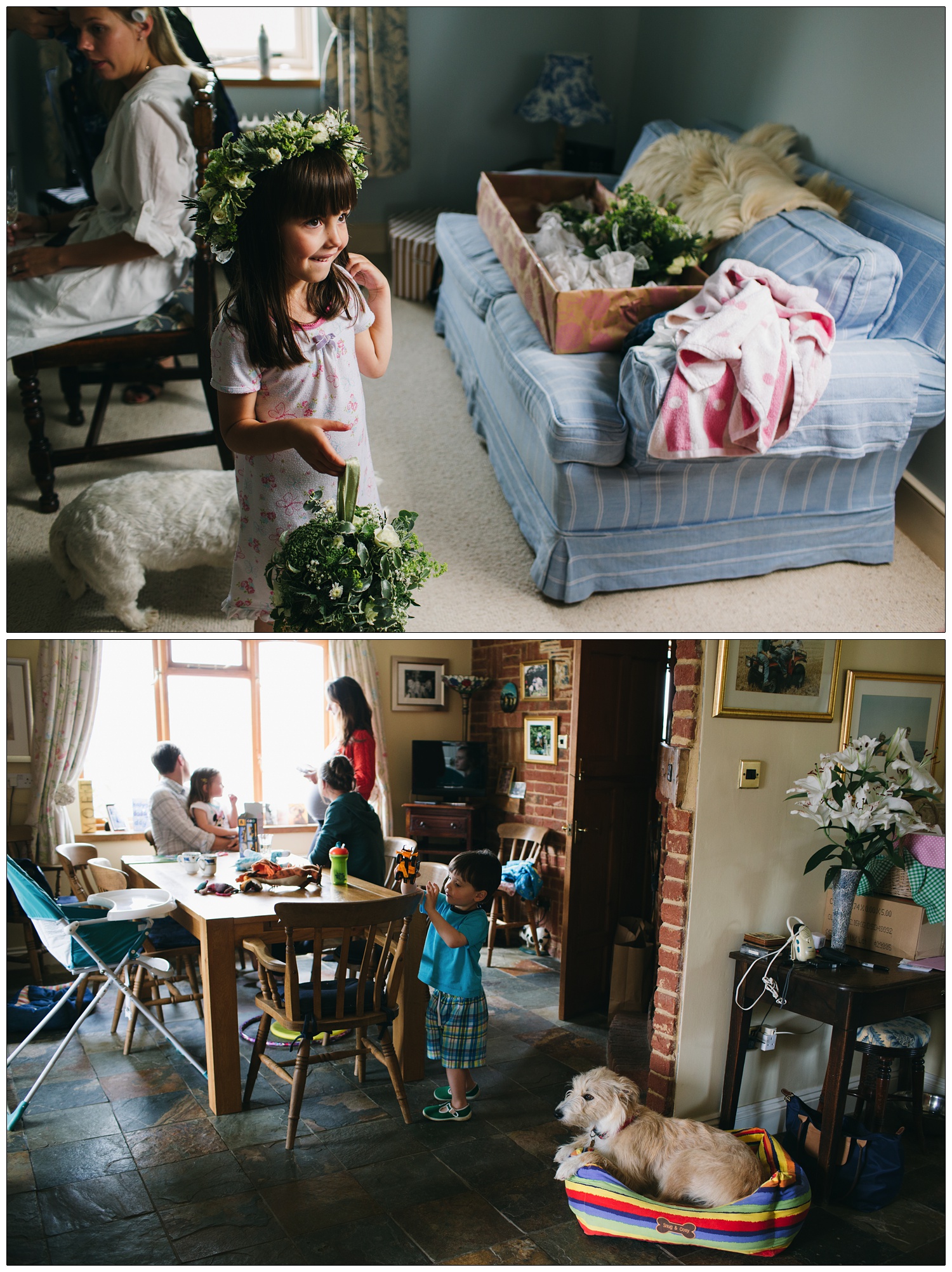 A flower girl wearing a crown and her nightdress. Scenes from a kitchen on a wedding morning. A dog is in a basket.