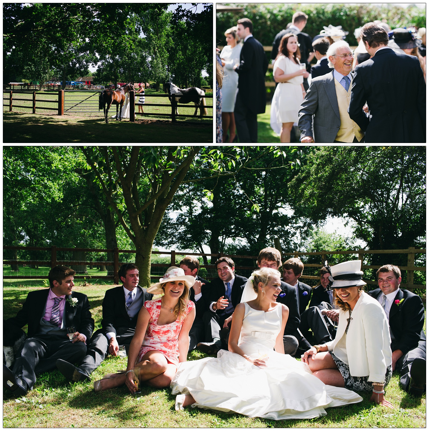 The bride sits on the floor with some of her friends at a wedding.