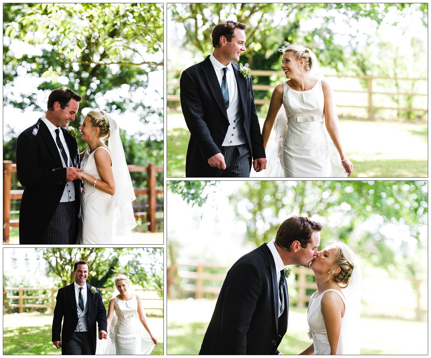 Casual couple portraits on the garden on their wedding day. There are trees and a fence behind them.