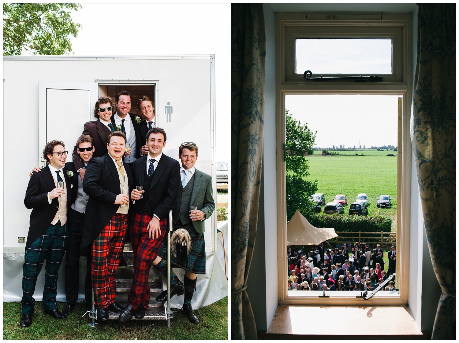 Some men at a wedding, many in tartan trousers, standing on the steps of a mobile toilet with the groom.