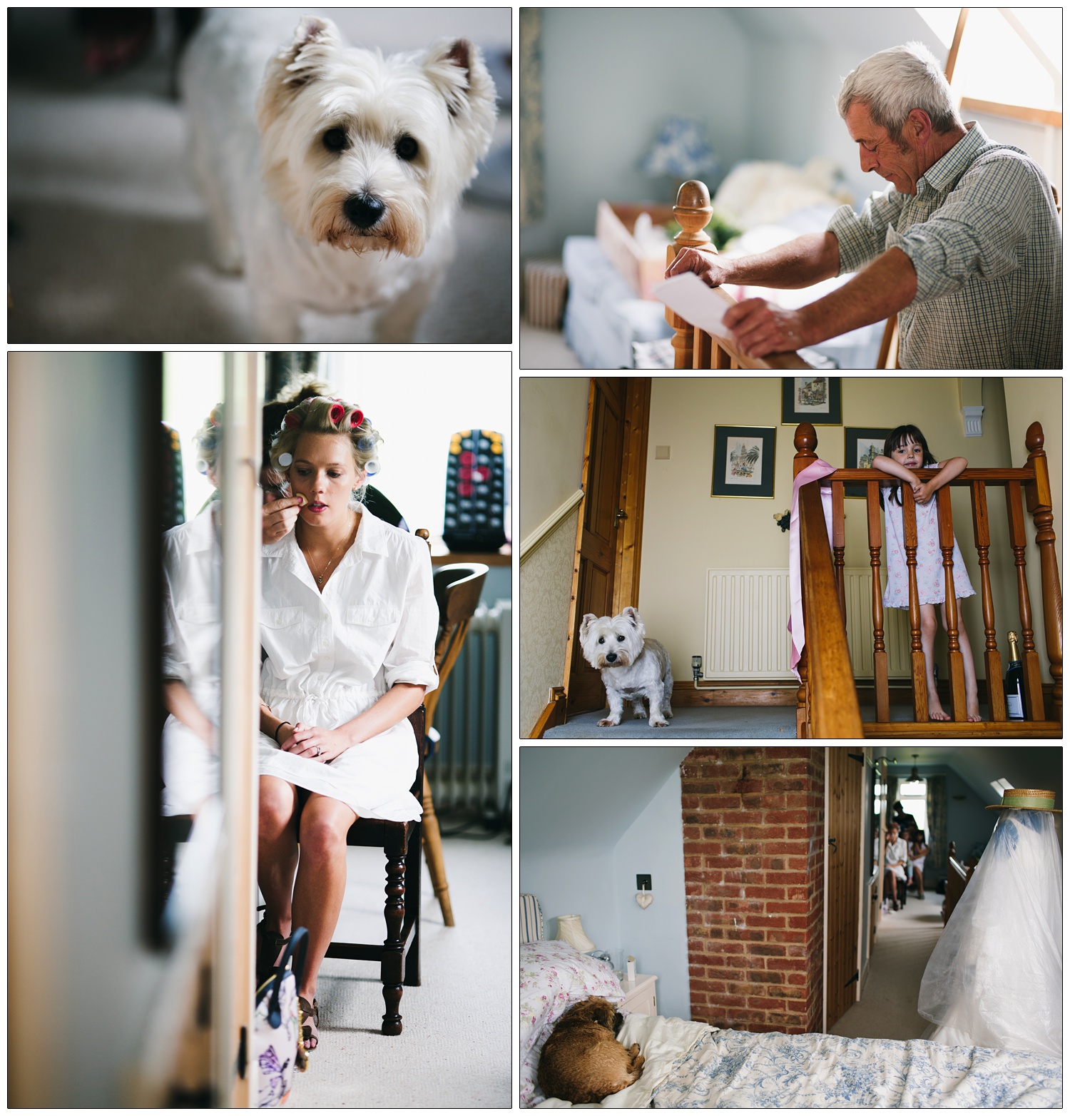 Bride having her makeup done at home. A dog is at the top of the stairs next to the flowergirl.