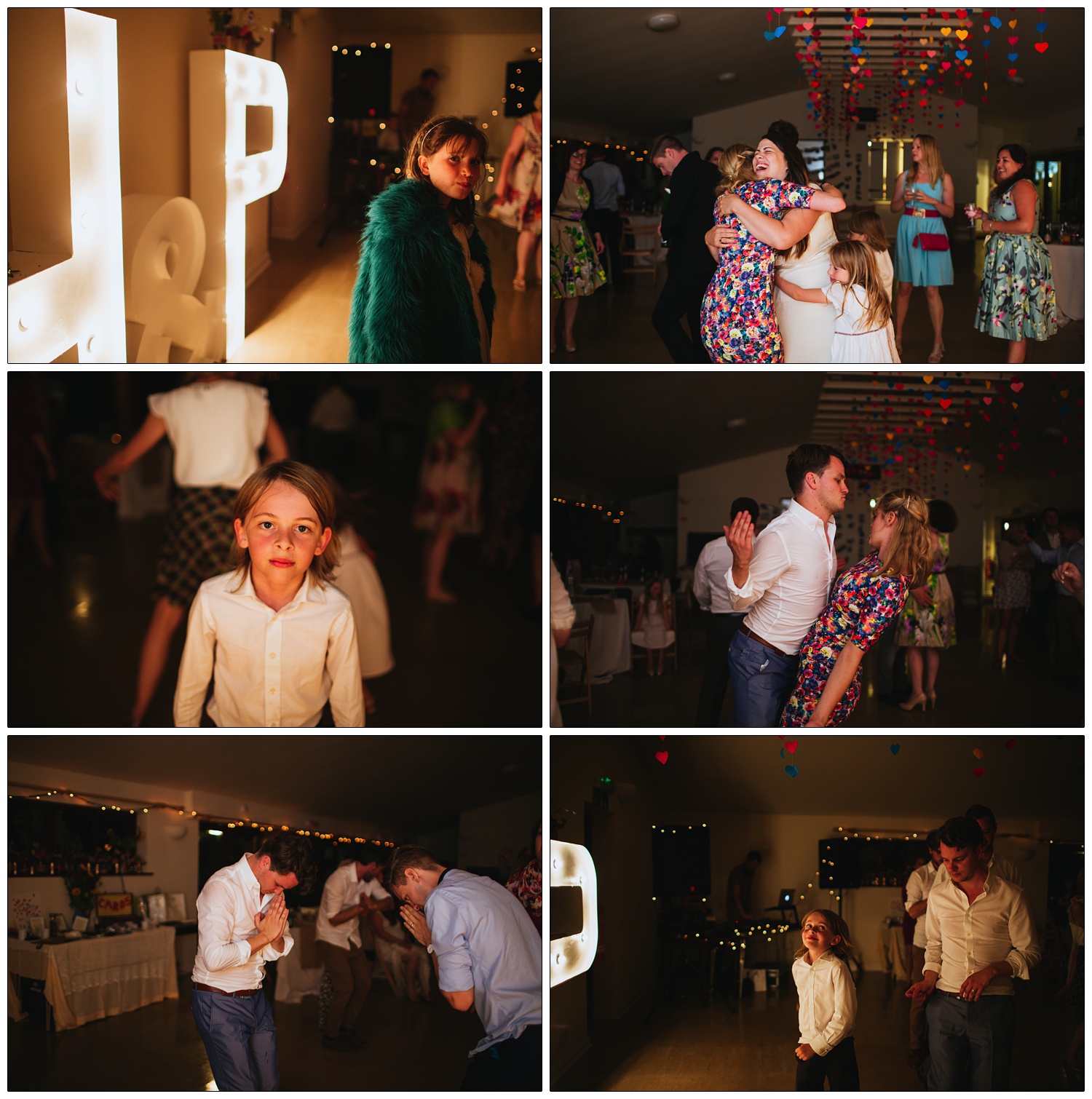 Candid photos of dancing at the wedding reception. A boy dances with the groom.