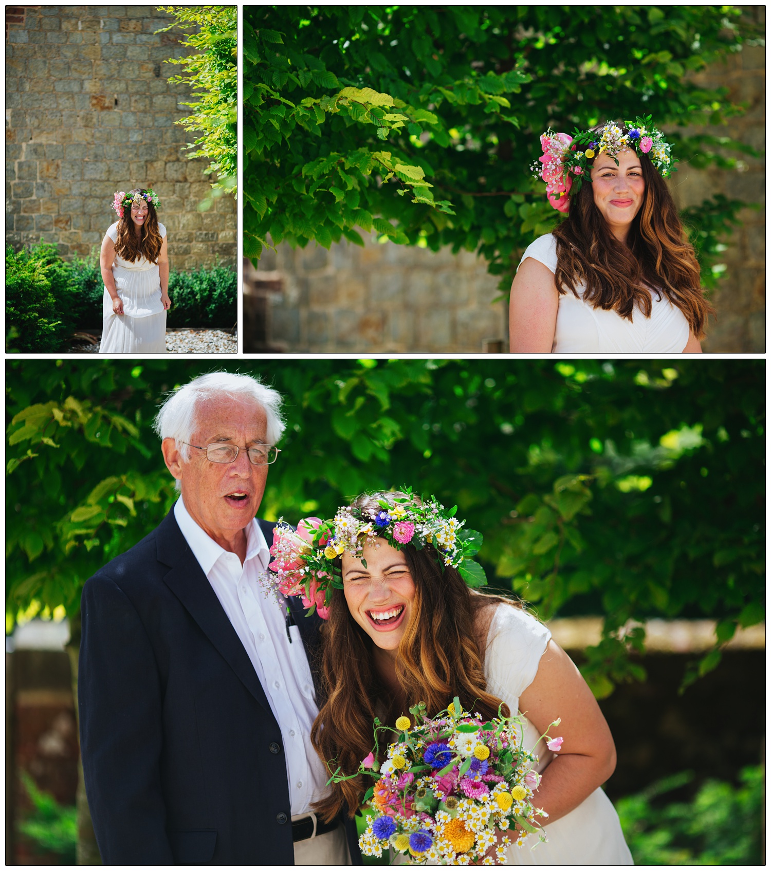 The bride is with her dad and she is laughing. She is carrying bright colourful flowers and has a flower crown on her head made by Jay Archer..