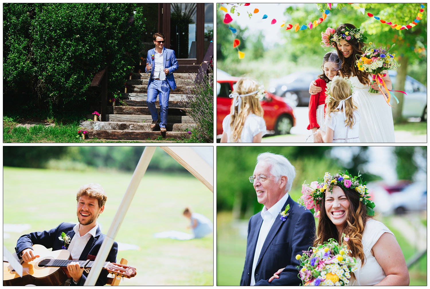 The bride hugs a girl. The groom comes down some steps in bright sunshine, in a pale blue suit.