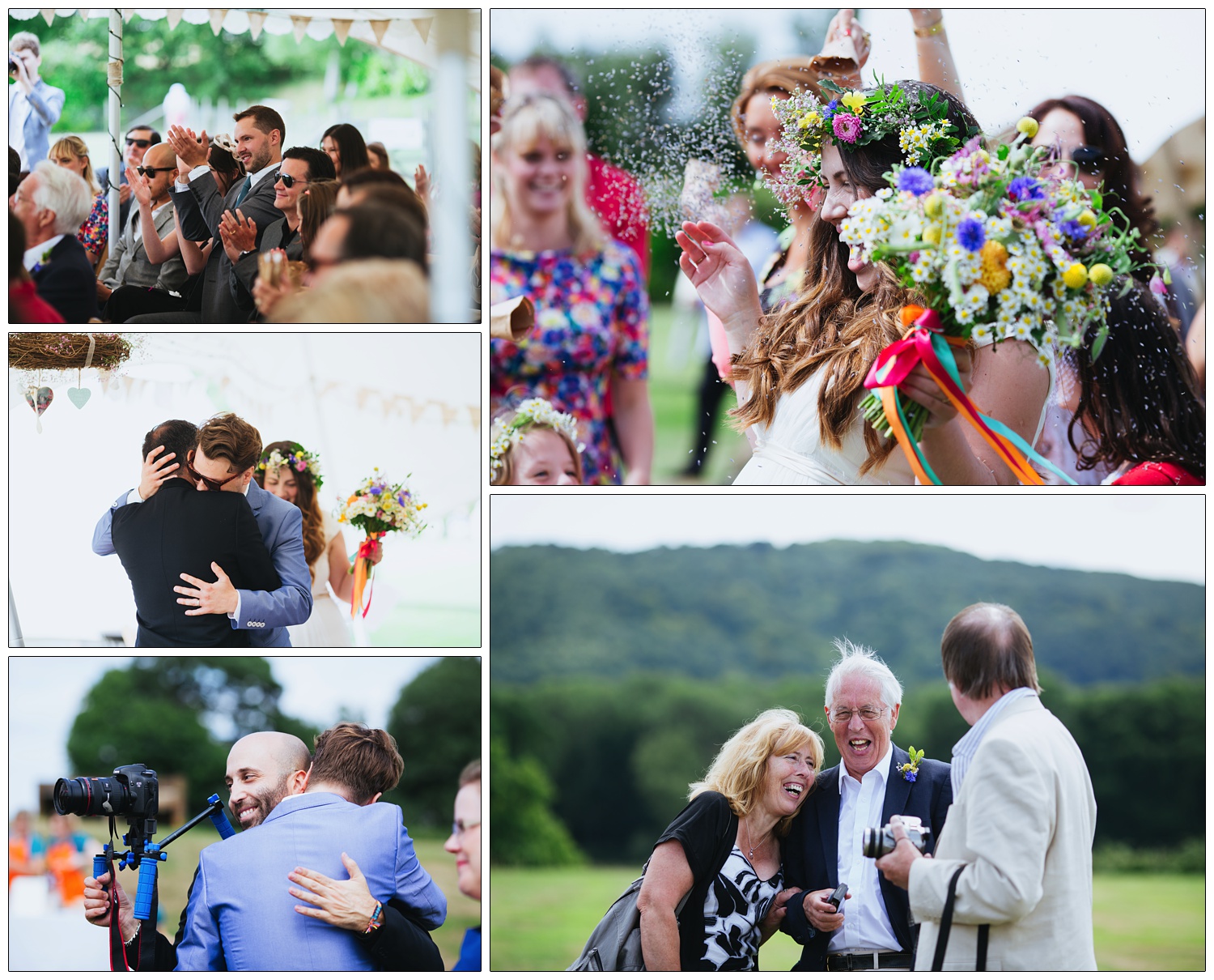 Confetti and hugs after the wedding ceremony in Sussex.