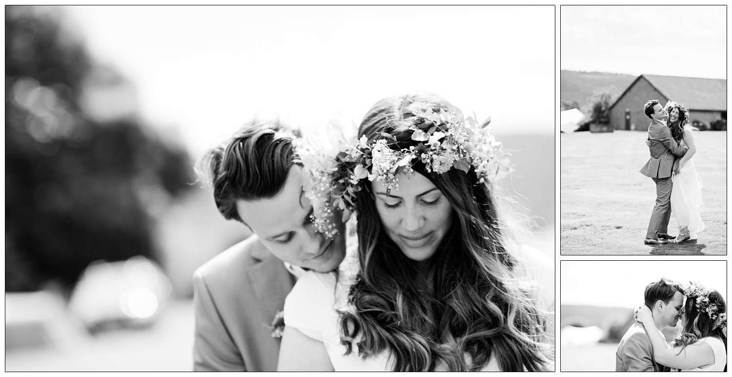 Some wedding portraits in black and white outside, in the grounds of a village hall.