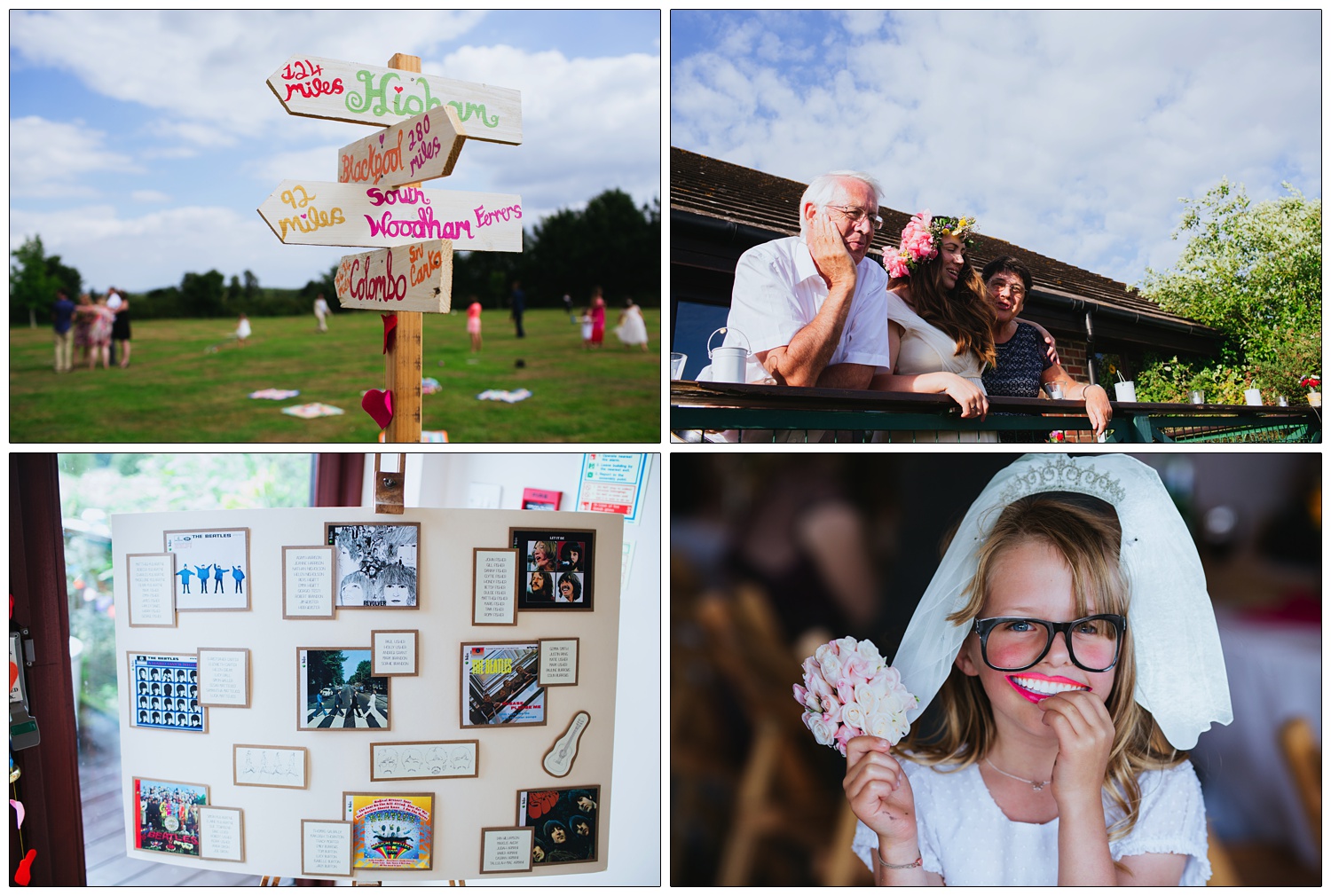 A sign post to places and a table planner board that is Beatles albums themed.