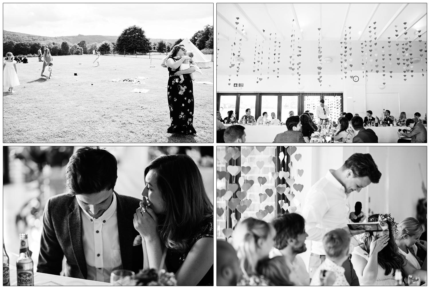 Candid moments from the wedding reception at a village hall in Sussex. The groom gives his speech.