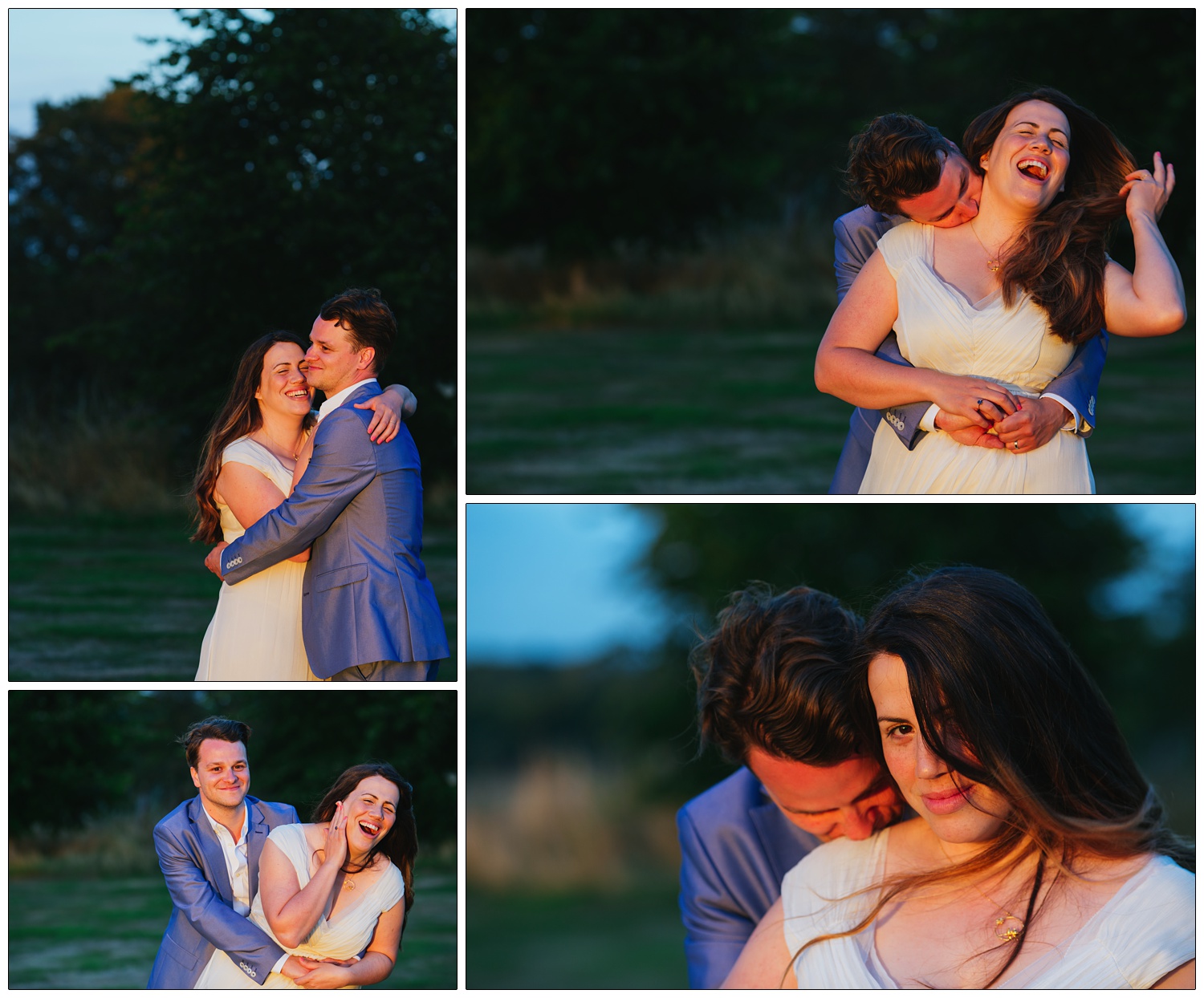 The light is golden because the sun is setting. The bride is wearing a dress from Saja in New York, groom is in a pale blue Zara suit. They are hugging, kissing and laughing in these relaxed wedding portraits.