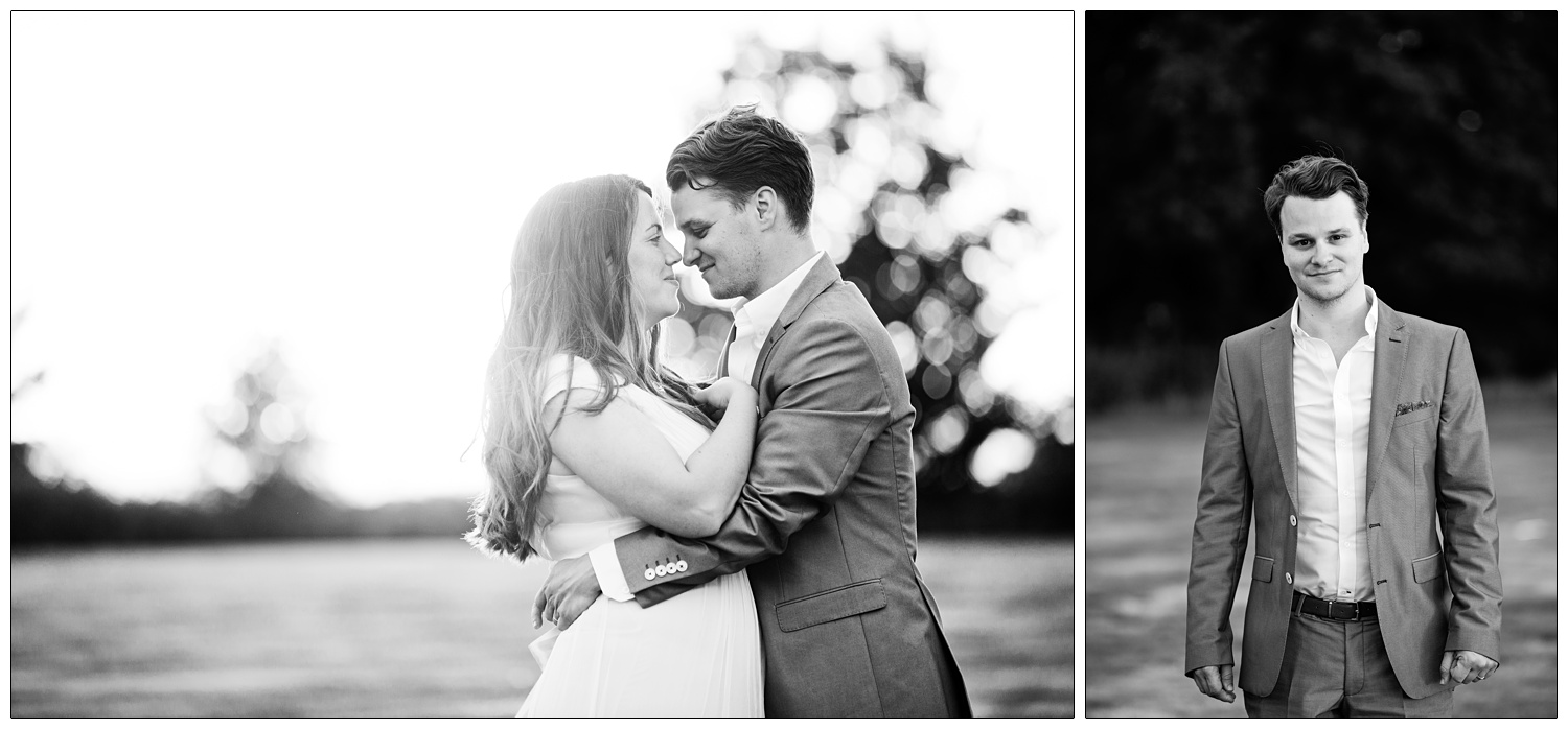 Black and white portrait of the groom. Wearing a Zara suit but no tie.