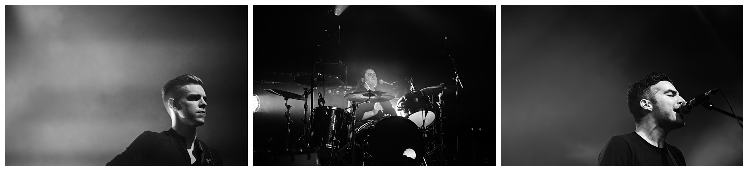 Black and white photographs of Adam, Piers, and Nathan of The Boxer Rebellion in 2013