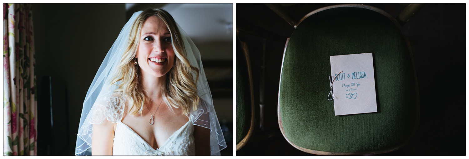 A wedding order of service on a green chair. A bride stands in the light from a window.