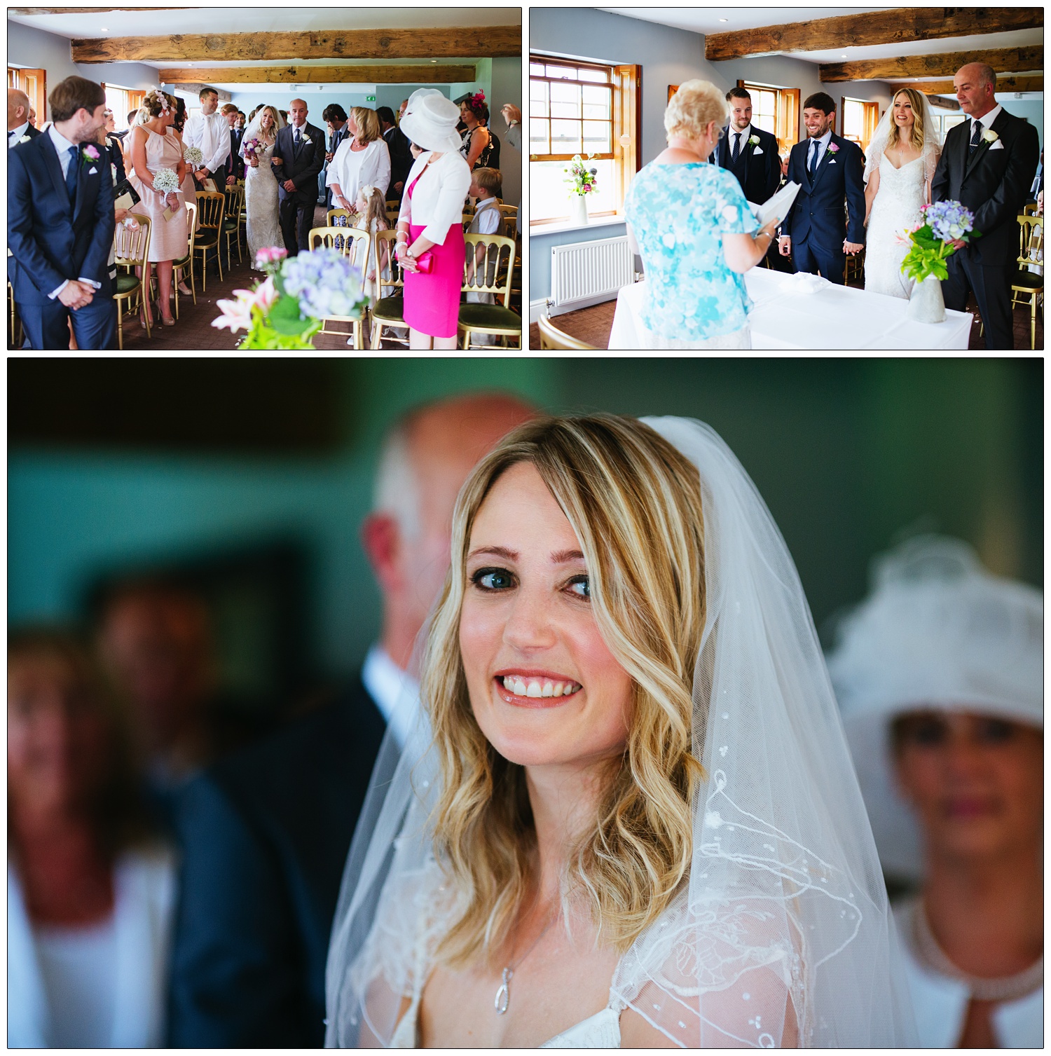 A ceremony at the Inn at Whitewell. The bride smiles at the camera.