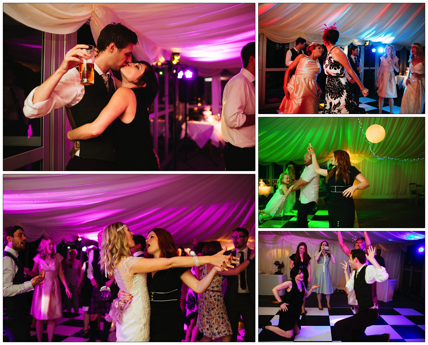A collection of reportage wedding reception photographs. There are multi-coloured lights. A woman kisses a man holding a pint. Bride dances with her friend.