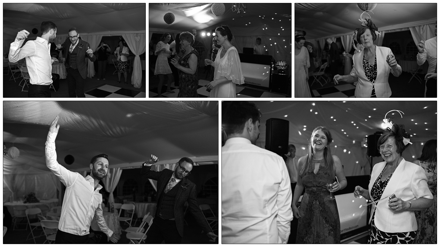 Black and white photographs of people dancing in a marquee.