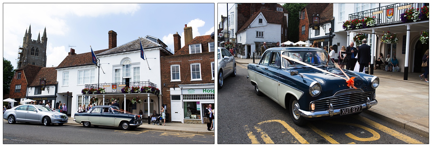 A 1961 Ford arrives in Tenterden. Dressed for a wedding.