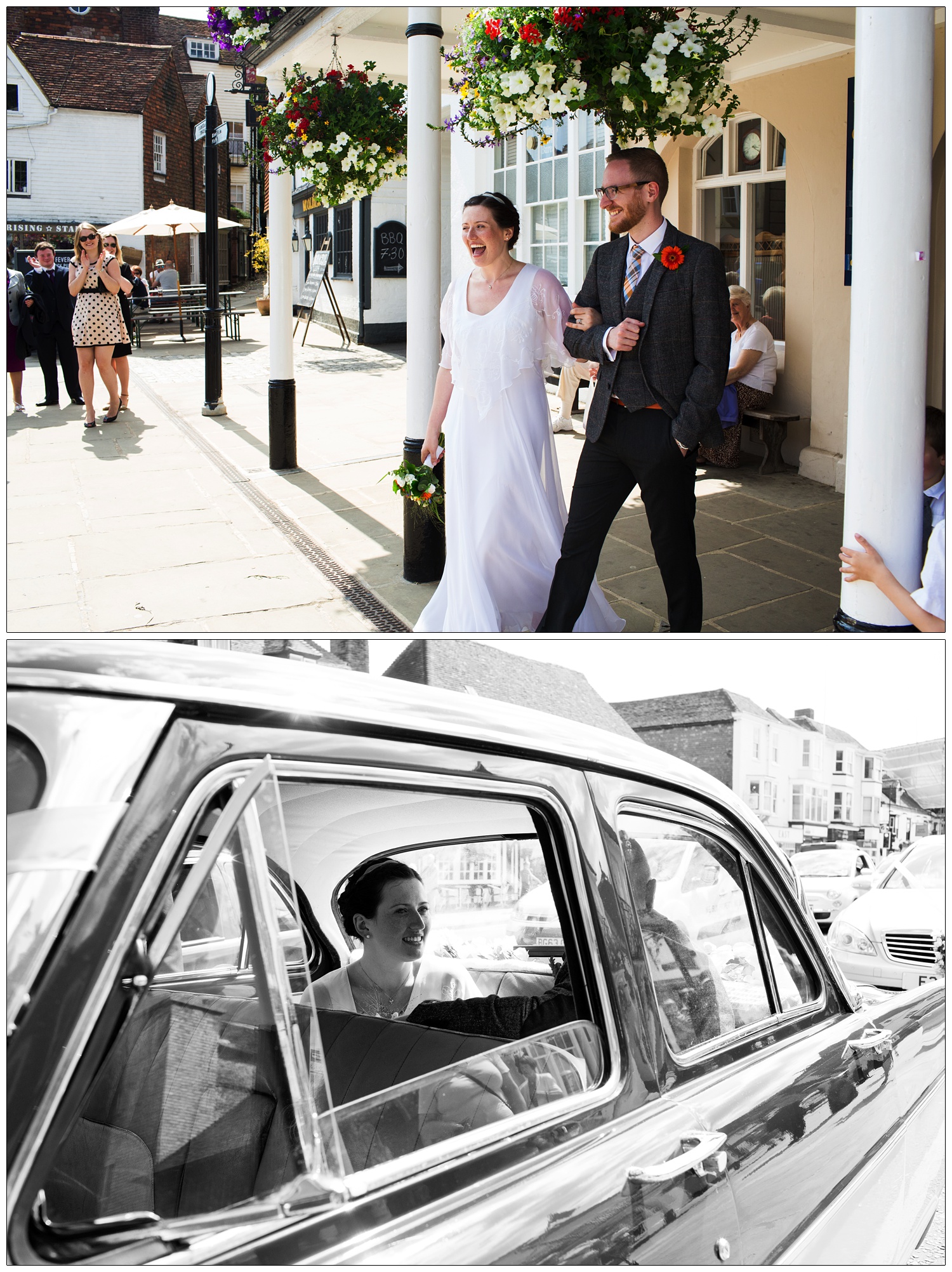 Couple leaving the Tenterden Town Hall after their wedding. The bride sits in the car with her husband.