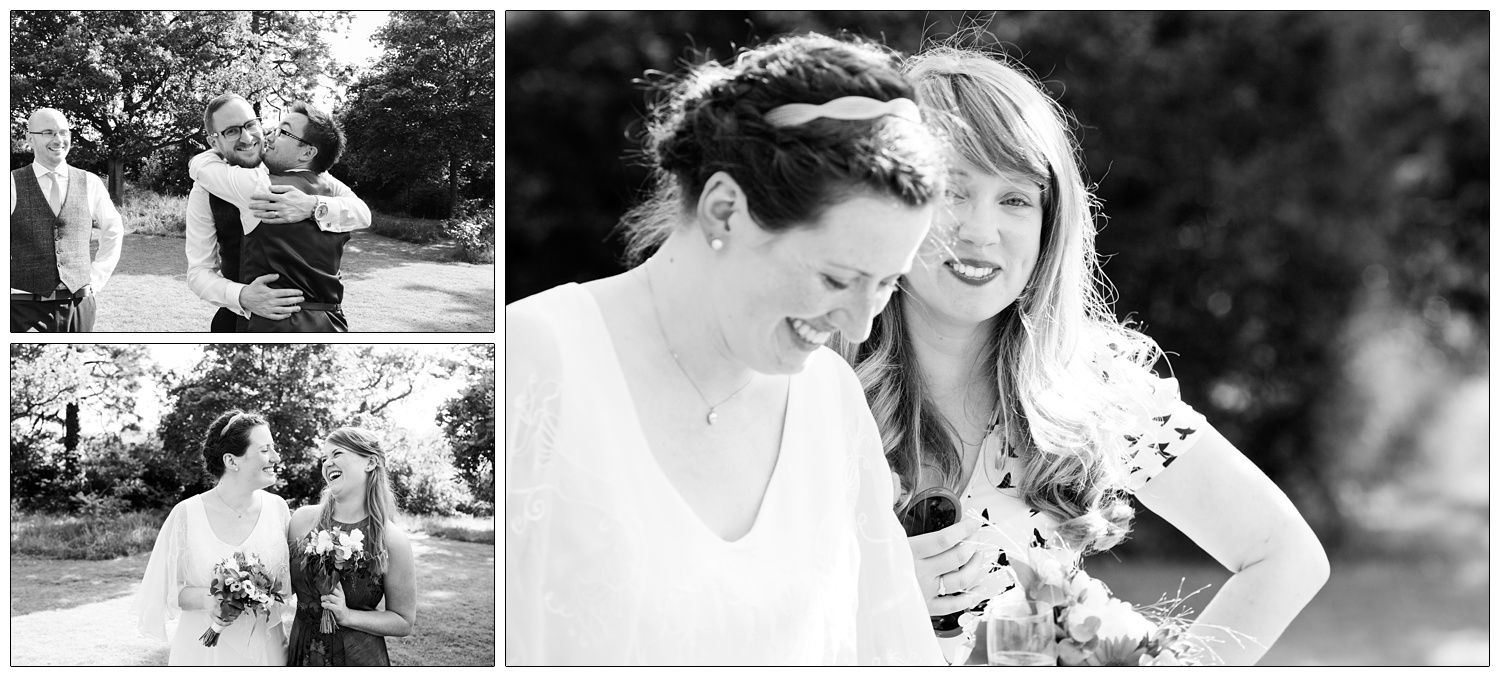Black and white photos of the groom hugging his friend, the bride with her sister. The bride with her friend.