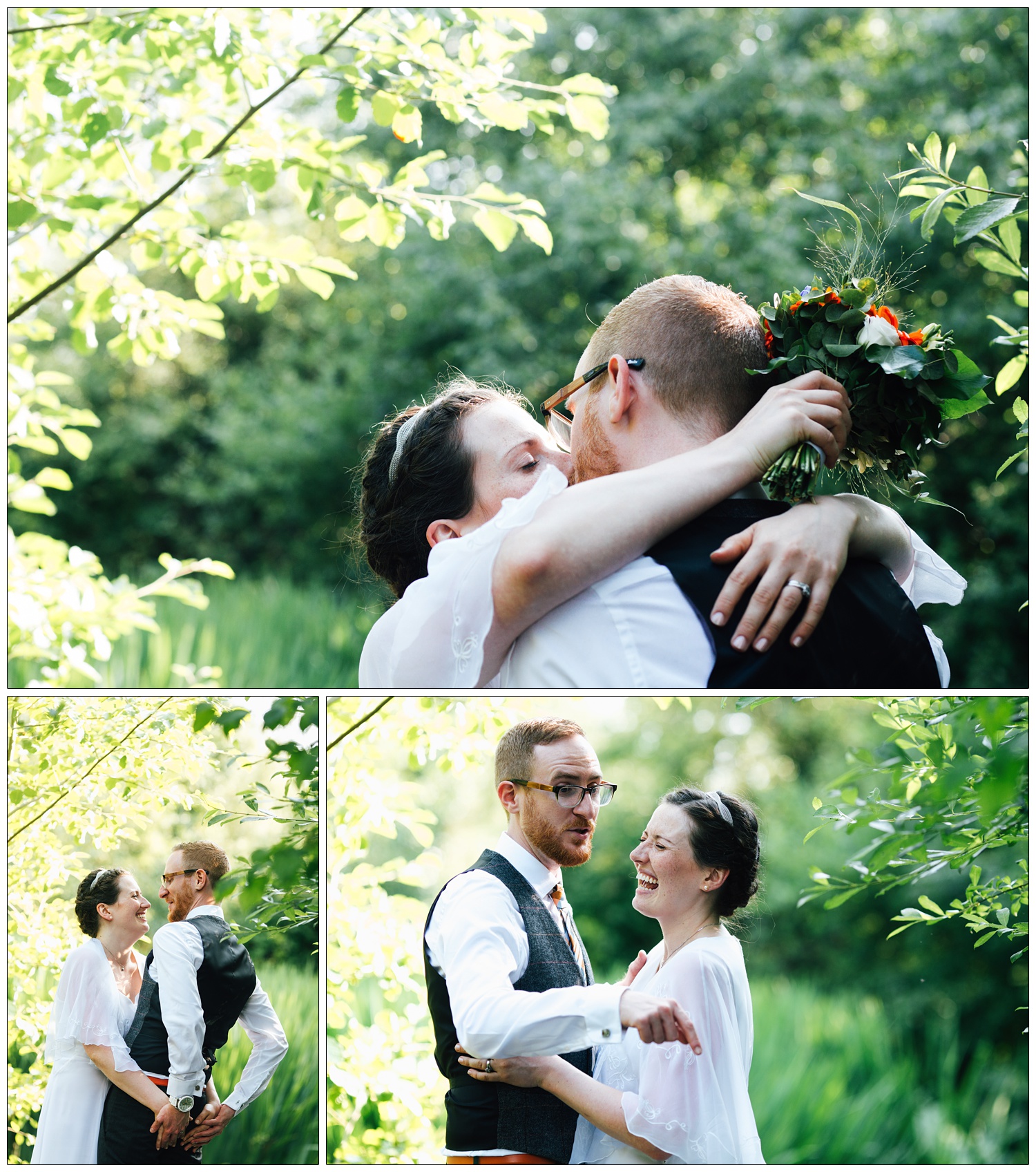 Some wedding portraits in the grounds of The Kench Hill Centre. They kiss, the bride grabs her husband's bum and they laugh.