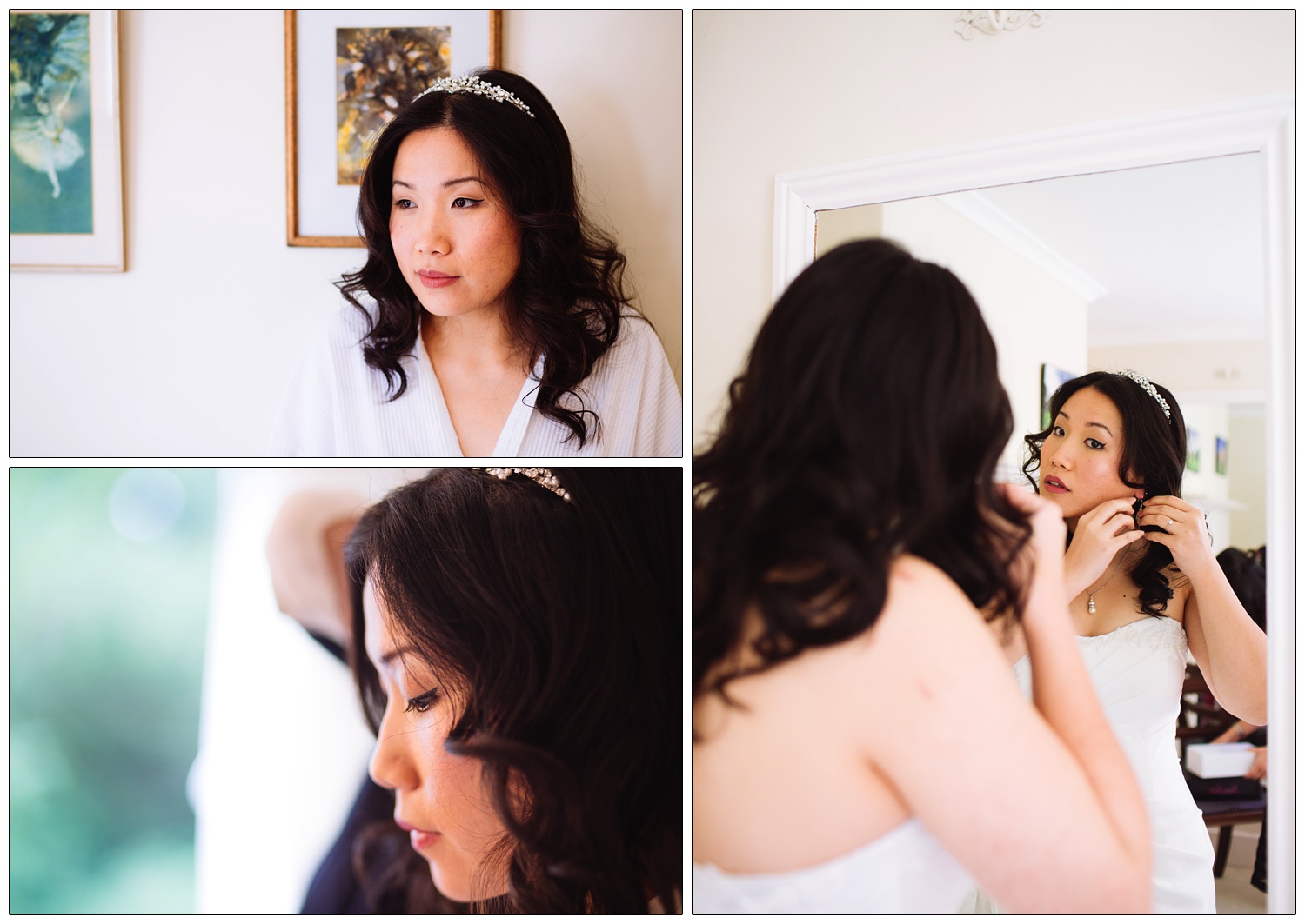 Natural moments of a bride getting ready. She is putting in an earring.