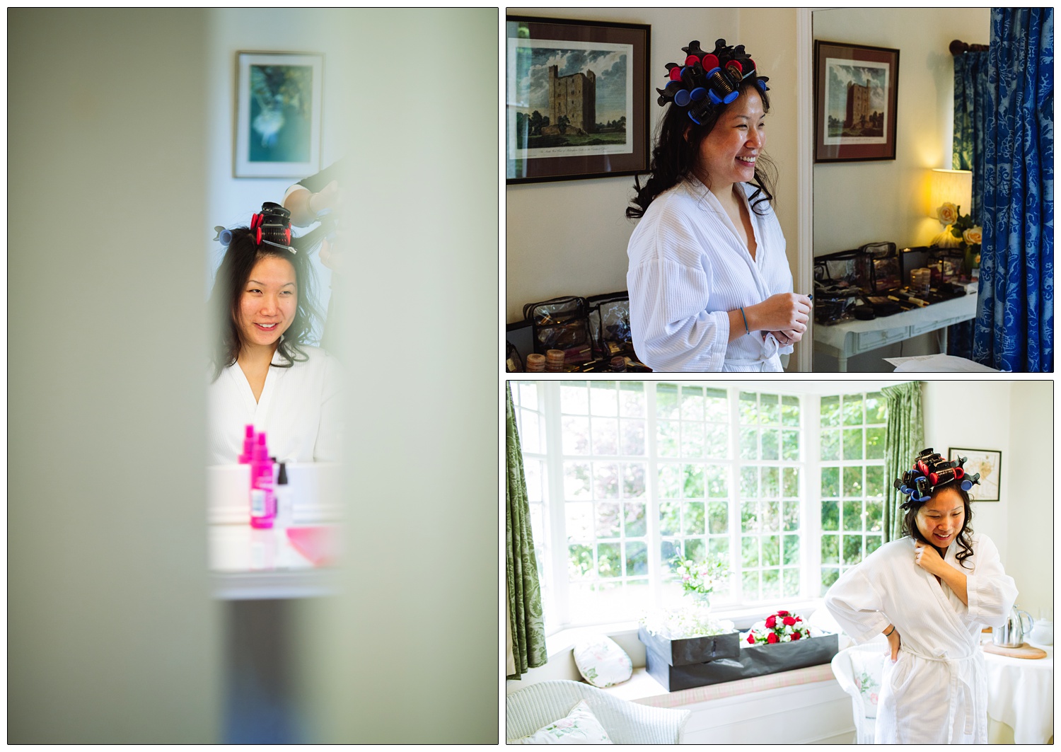 Bride in rollers and dressing gown on the morning of her wedding.