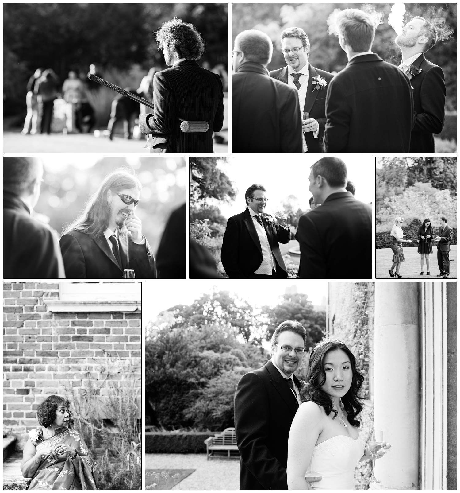 Pictures of wedding guests enjoying the grounds of Hedingham Castle.