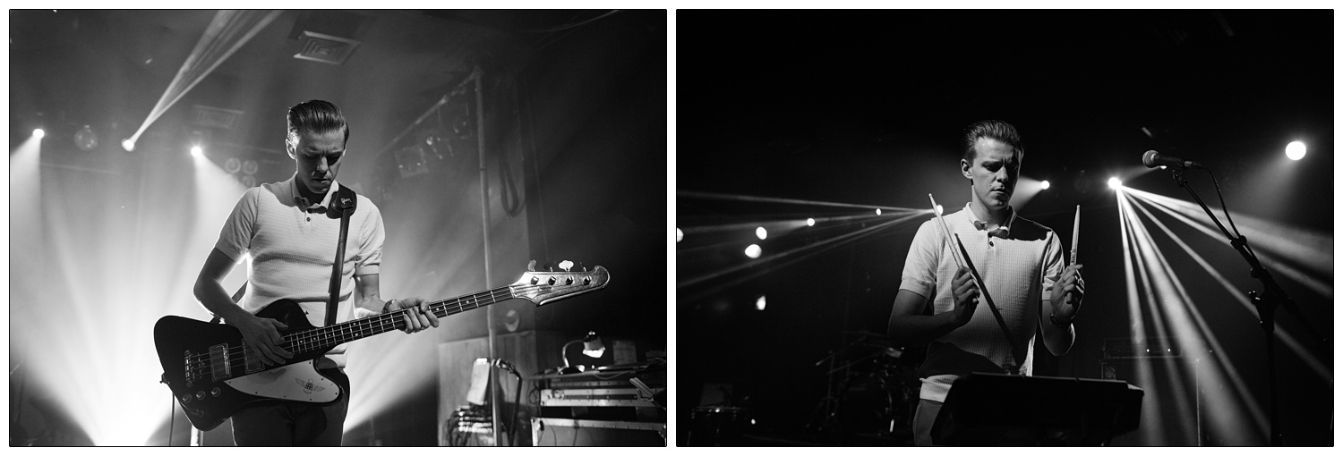 Black and white photographs of Adam Harrison performing in The Boxer Rebellion at Scala in 2014