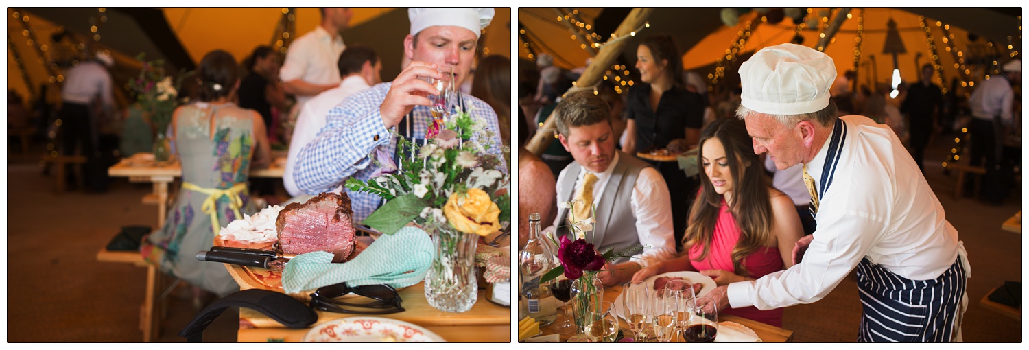 A wedding guest in a chef's hat and apron carves the beef for the wedding breakfast.