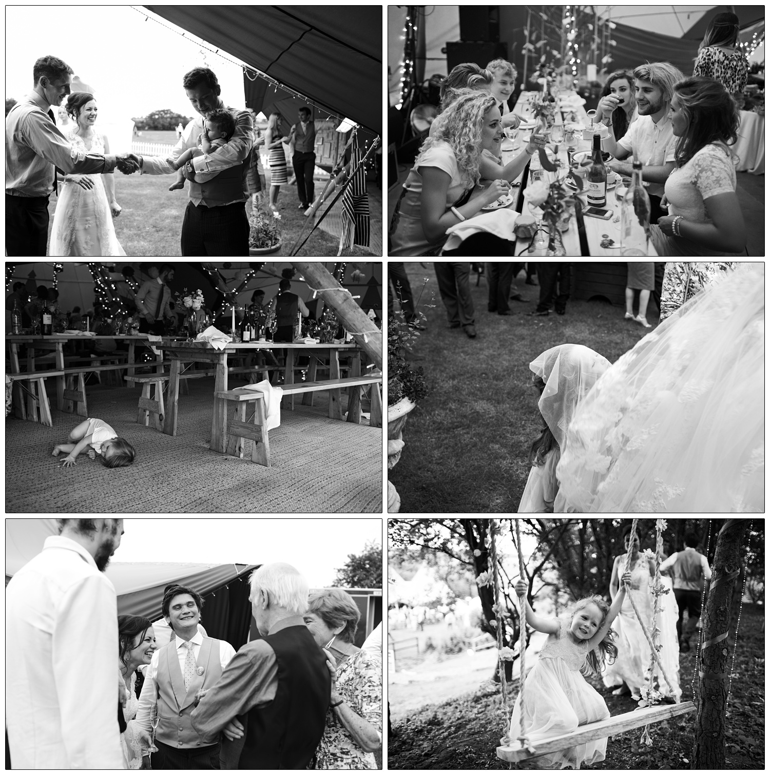 Wedding photojournalism style pictures from a wedding reception near Chelmsford. A man holds a baby, people are sat at a bench table for dinner. A toddler lies on the ground. A girl hides under a wedding dress.