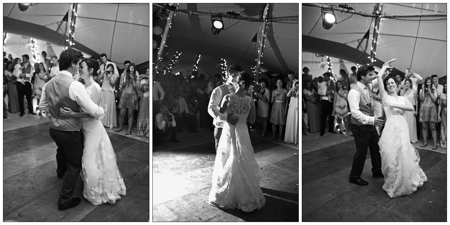 Three photographs of the first dance. The reception is in a Tentipi, the wedding guests are watching.
