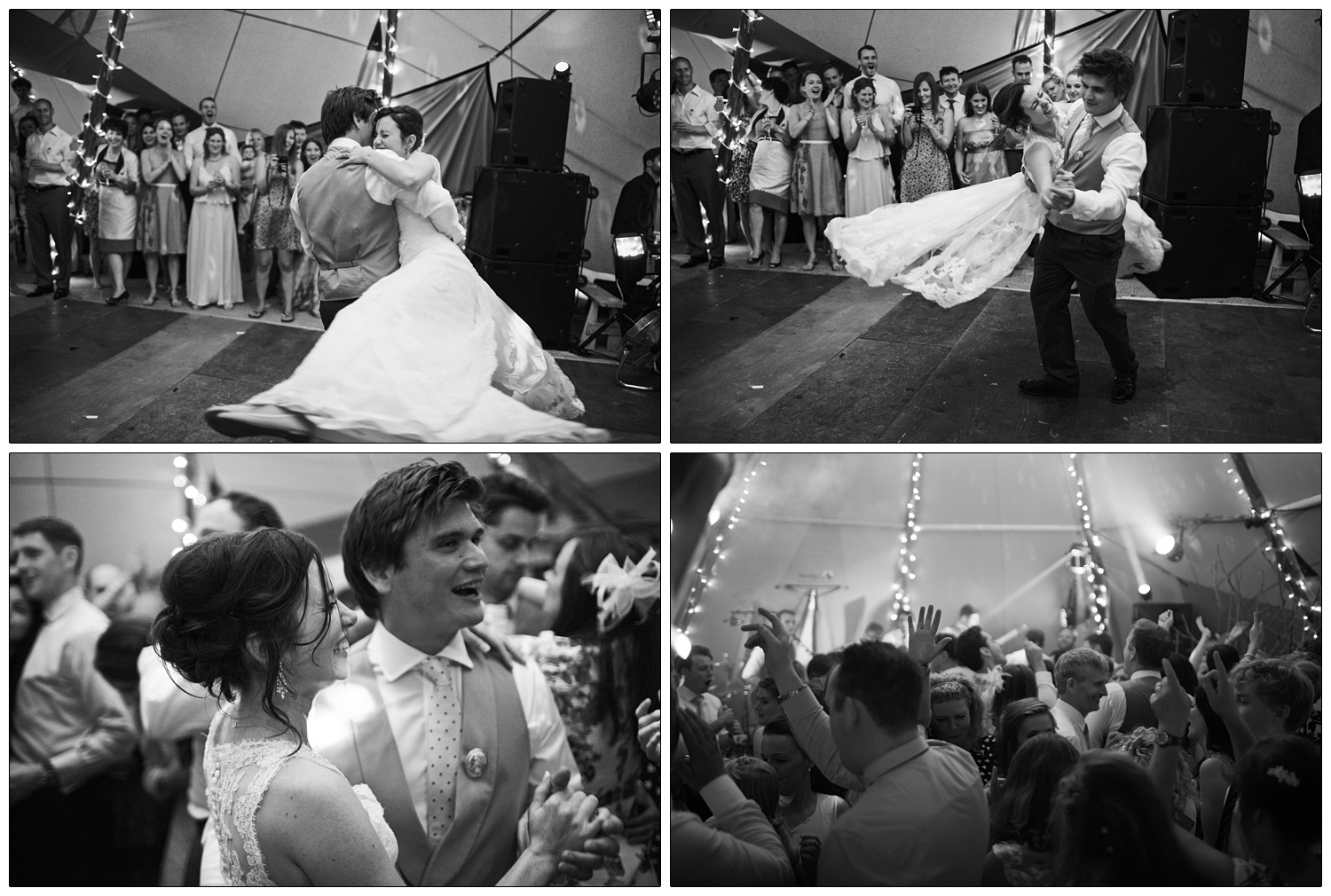 first dance at a farm wedding in a Tentipi. The groom spins the bride around.