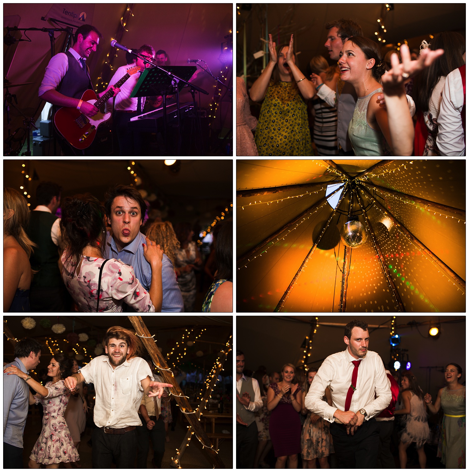 A Tentipi wedding reception. There is a disco ball, coloured lights and a band. People are dancing. A man sticks his tongue out at the camera.