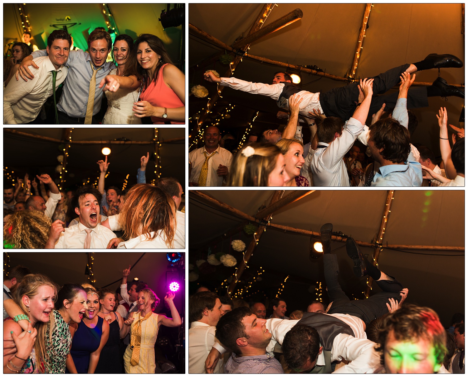 A man is crowd surfing at a wedding reception in a Tentipi. There are colourful lights.